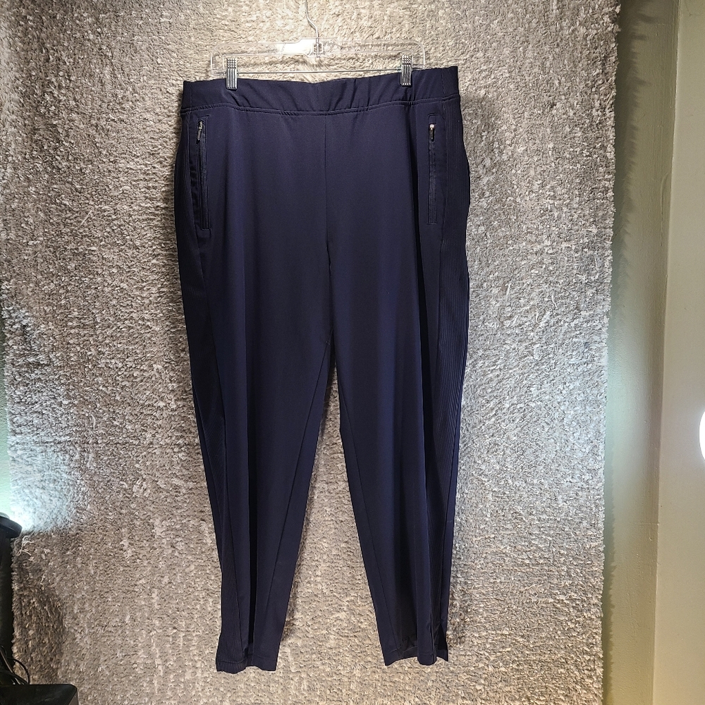 Chico's Ribbed Side Ankle Pants Navy Blue Tapered Polyester Size 16R Pockets